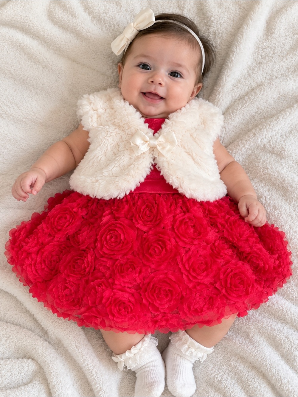 Cat & Jack Red Floral Tulle Dress with Cream Faux-Fur Vest & Bow Headband